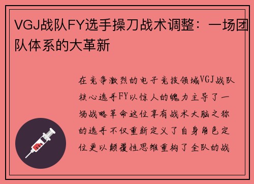 VGJ战队FY选手操刀战术调整：一场团队体系的大革新