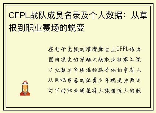 CFPL战队成员名录及个人数据：从草根到职业赛场的蜕变